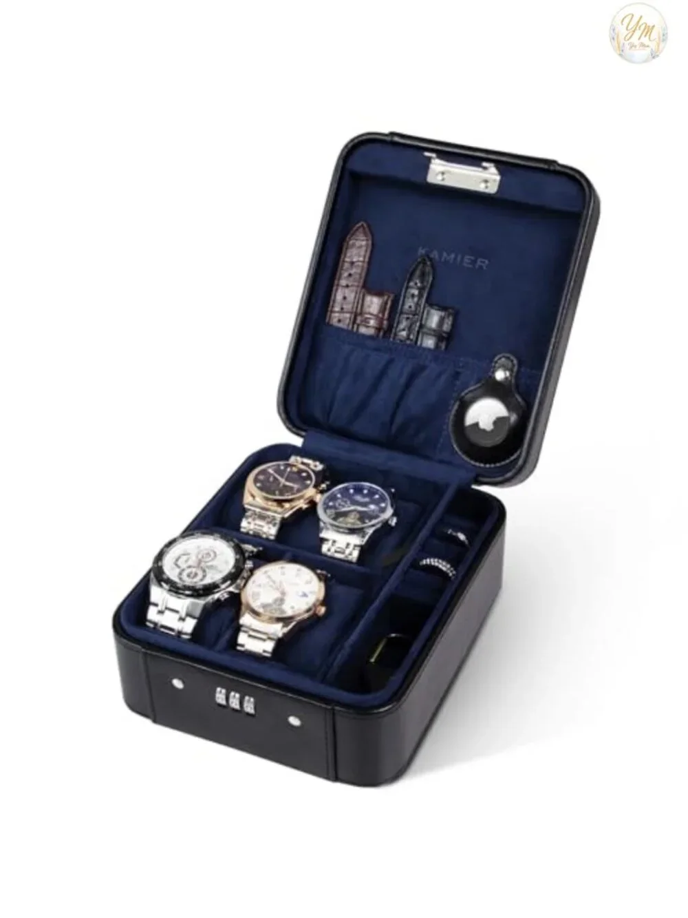 Leather Watch Travel Case with Combination Lock - 4 Slot Storage Box for Men,